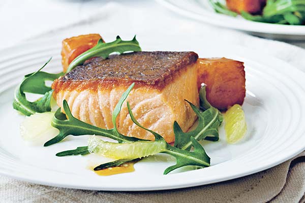 Salmon with confit lemon, caramel croutons and rocket - The Trencherman ...