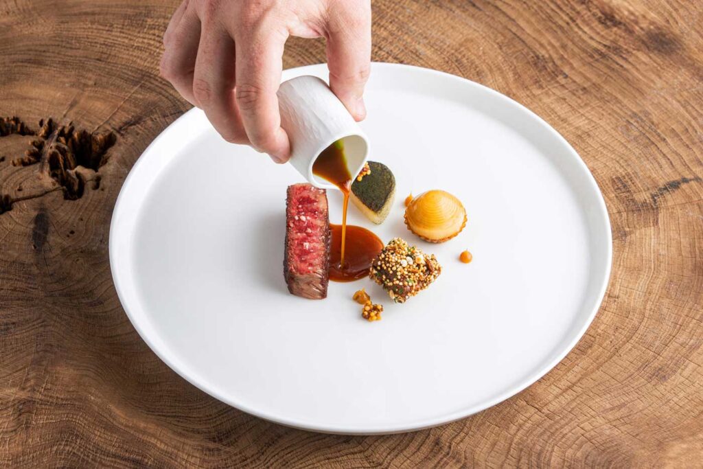 plate of highland wagyu beef with turnips at Àclèaf, Boringdon Hall Hotel