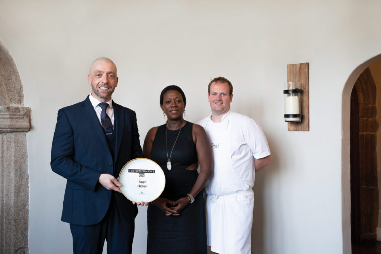 Mathieu Ouvrard and Scott Paton of Boringdon Hall Hotel winning the Trencherman's Award 2023 for Best Hotel, with Lola Grogan of The Eco Laundry (award sponsor)